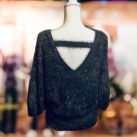 Trending For Fall Fuzzy Furry Dark Gray Ladder Back Soft Comfy Sweater NEW - Picture 4 of 5